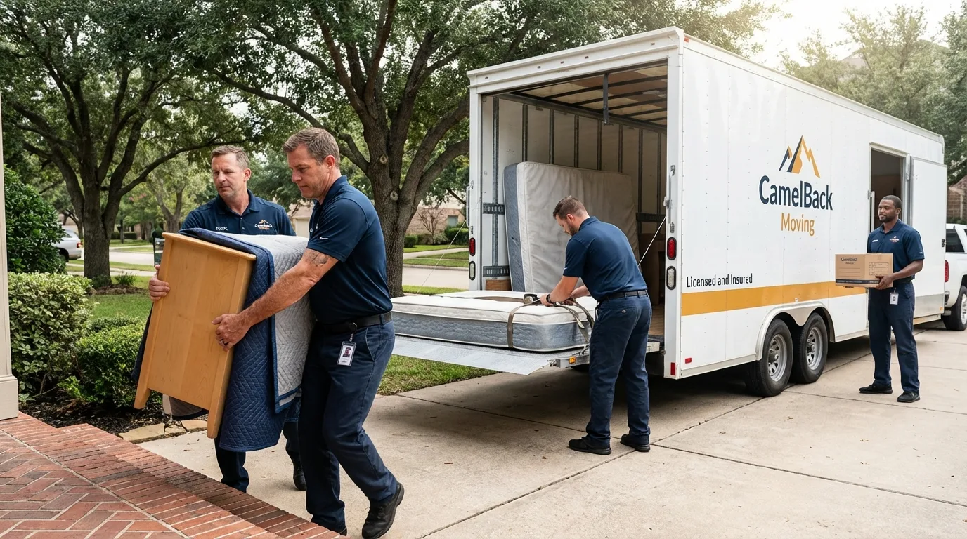 Crew loading residential truck for cross-state move from Lakewood, CA