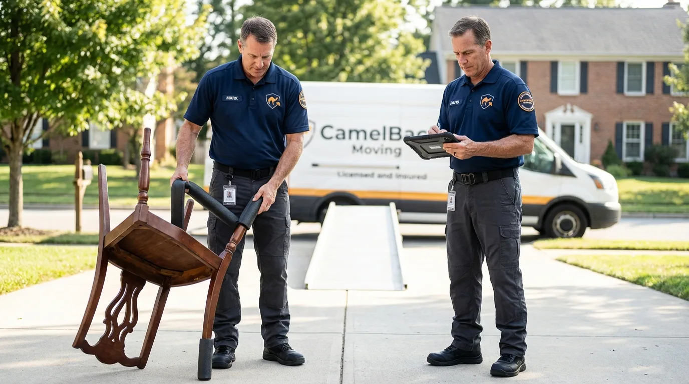 Movers inspecting furniture for damage prevention before loading in Lakewood, CA