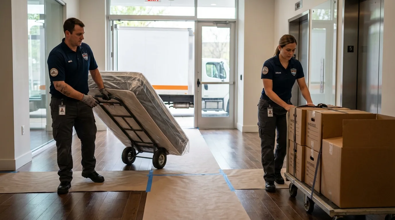 Professional apartment movers loading elevator in Lakewood, CA